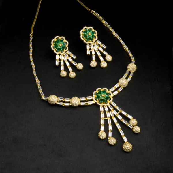 NS-1912016 - Emerald Studded American Diamond Necklace Set