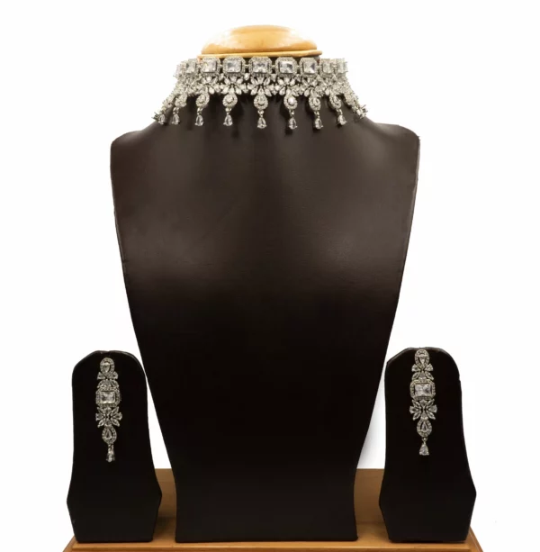 NS-2112001 - White Gold Plated American Diamond Choker Set