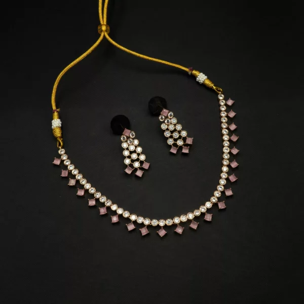 NS-2112008 - American Diamond Pink Stones Collar Necklace Set