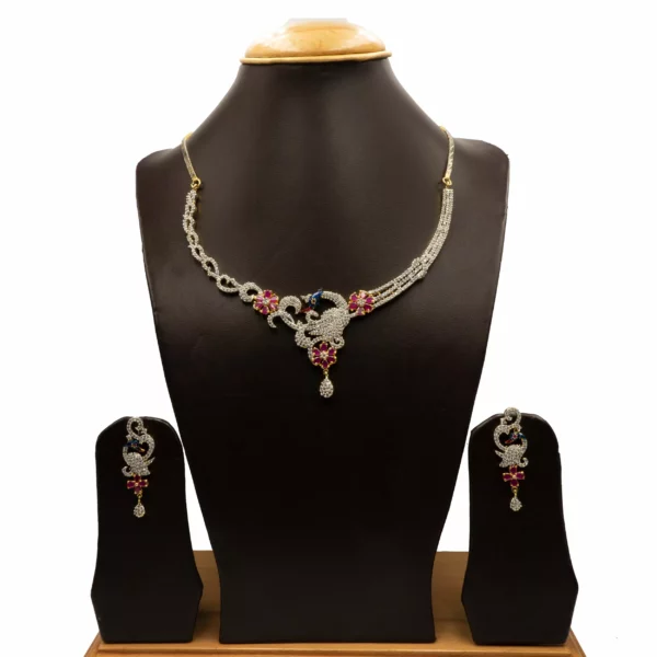 NS-2112009 - American Diamond Ruby Studded Peacock Necklace Set