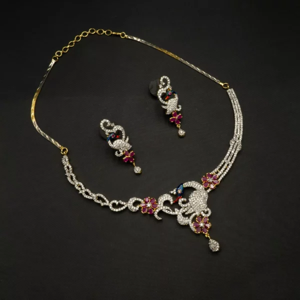 NS-2112009 - American Diamond Ruby Studded Peacock Necklace Set