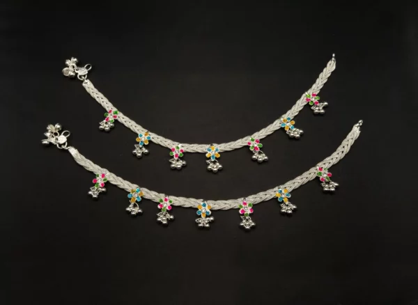 PA-2110002 - Silver Plated Multicolor Linked Chain Anklets