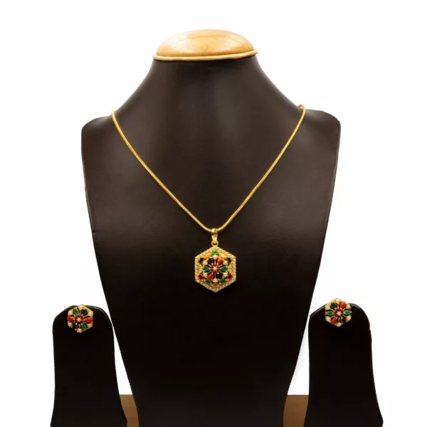 PS-2012009 - American Diamond Pancharatna Multicolor Pendant Set