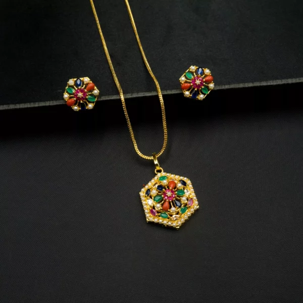 PS-2012009 - American Diamond Pancharatna Multicolor Pendant Set