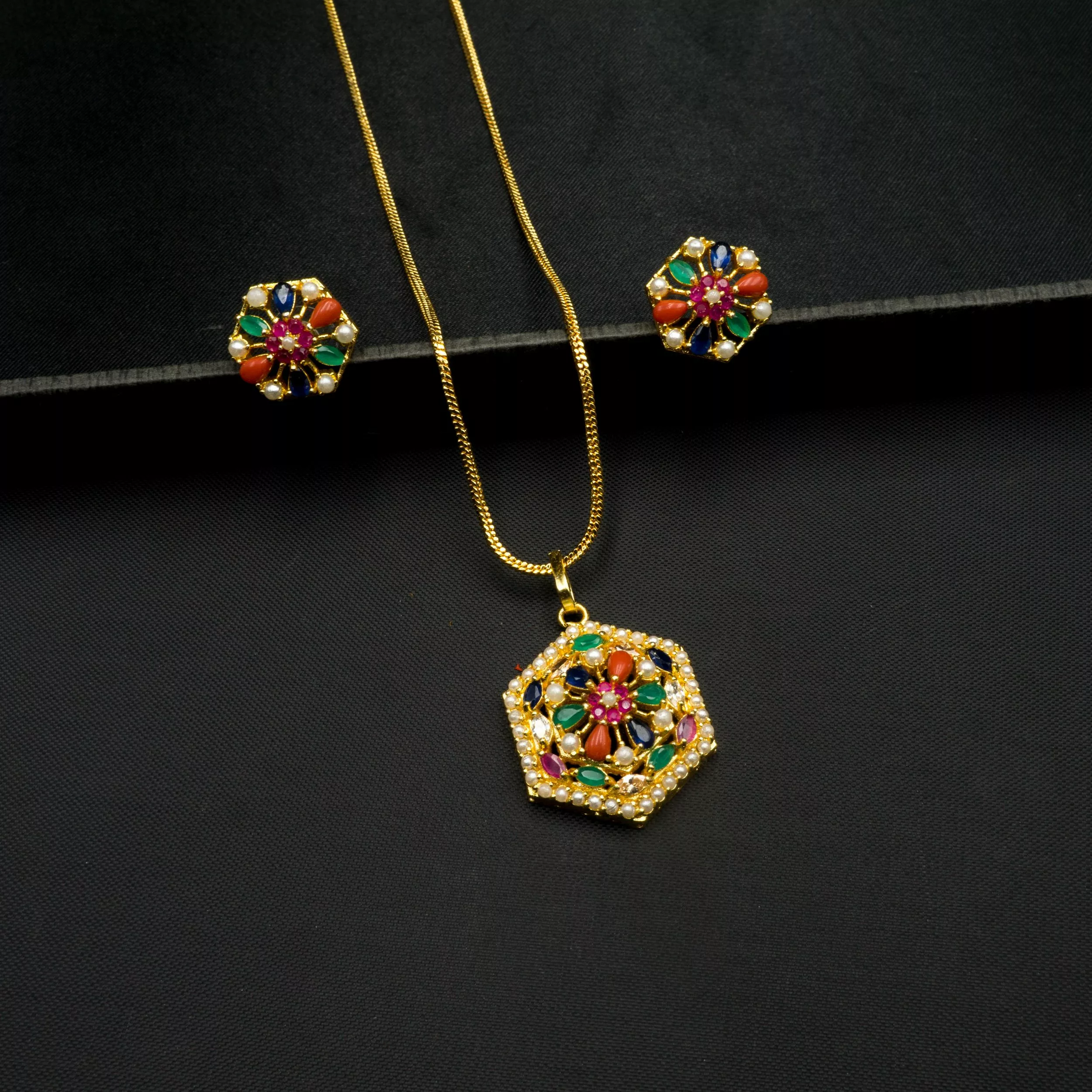 PS-2012009 - American Diamond Pancharatna Multicolor Pendant Set PS-2012009 - American Diamond Pancharatna Multicolor Pendant Set