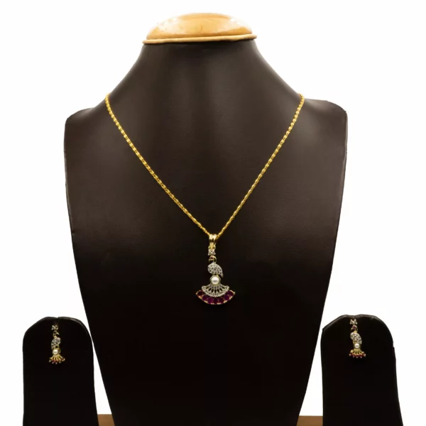 PS-2104001 - American Diamond Ruby Studded Peacock Pendant Set