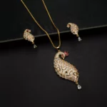 PS-2109008 - American Diamond Ruby Studded Bird Pendant Set