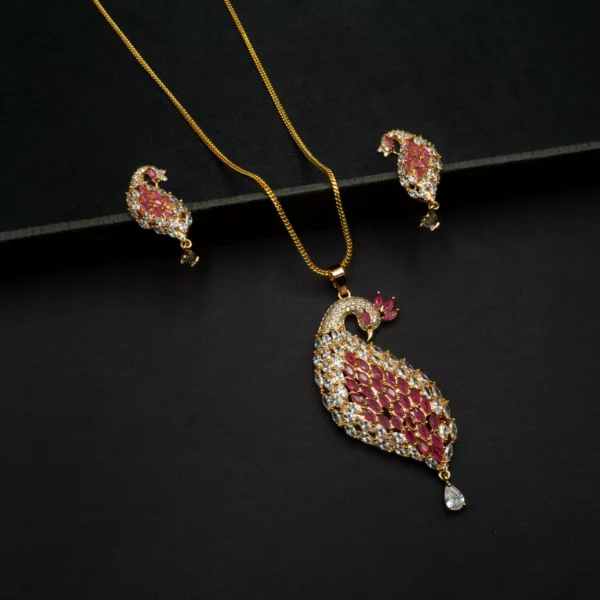 PS-2109009 - American Diamond Ruby Studded Bird Pendant Set