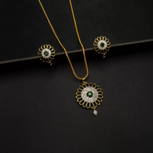 PS-2109011 - American Diamond Emerald Flower Pendant Set