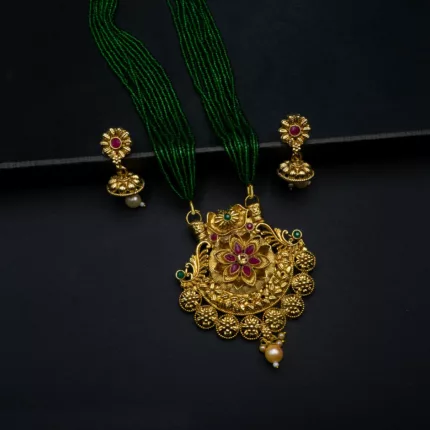 NS-2201001 - Gold Plated Green Potey Multicolor Stones Traditional Necklace Set