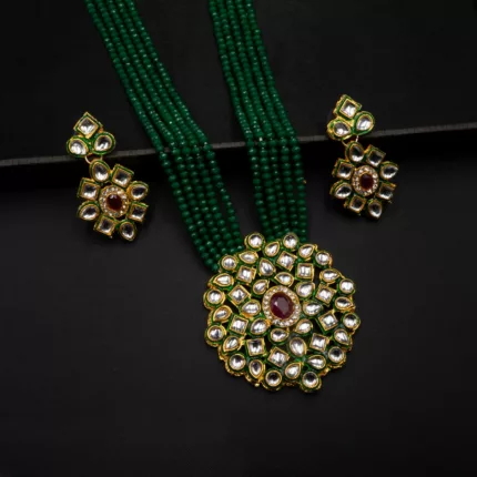 NS-2201002 - Kundan & Ruby Studded Green Crystal Necklace Set
