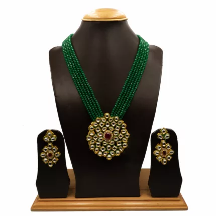 NS-2201002 - Kundan & Ruby Studded Green Crystal Necklace Set