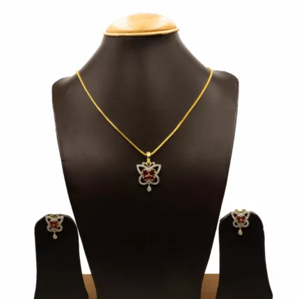 PS-2205003 - American Diamond Studded Ruby Butterfly Pendant Set