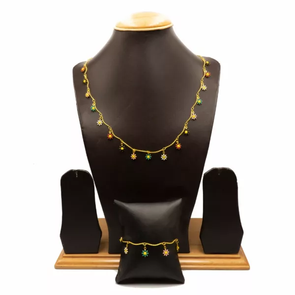 CH-2206001 - Gold Plated Multicolor Flower Chain & Bracelet Set