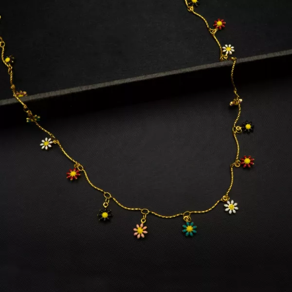 CH-2206001 - Gold Plated Multicolor Flower Chain & Bracelet Set