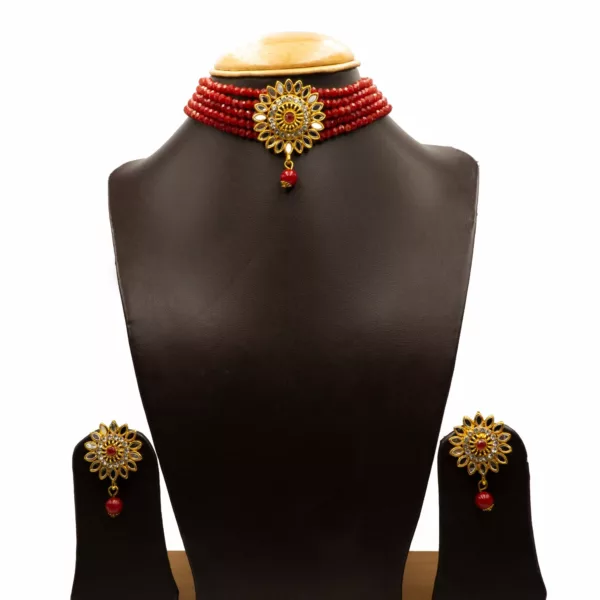 NS-2206002 – CZ & Mirror Glass Studded Maroon Choker Set