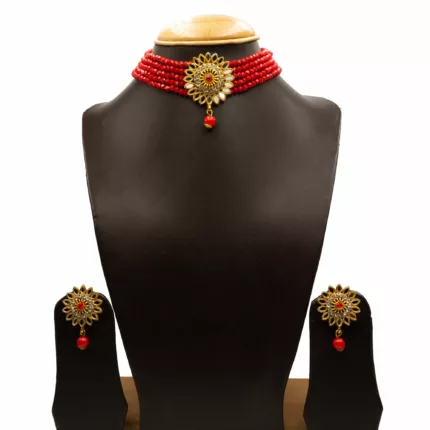 NS-2206003 - CZ & Mirror Glass Studded Red Choker Set