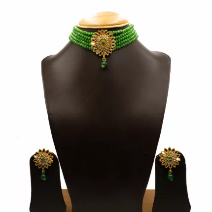 NS-2206004 - CZ & Mirror Glass Studded Green Choker Set