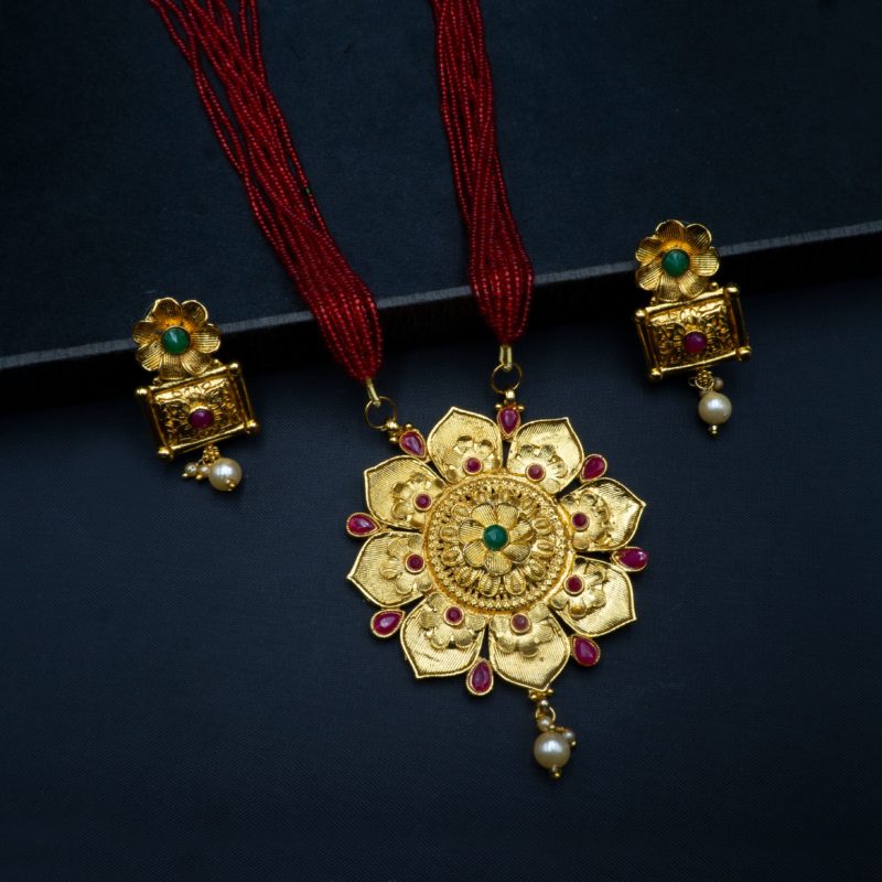 NS-2201018 - Gold Plated Multicolor Flower Traditional Temple Necklace Set