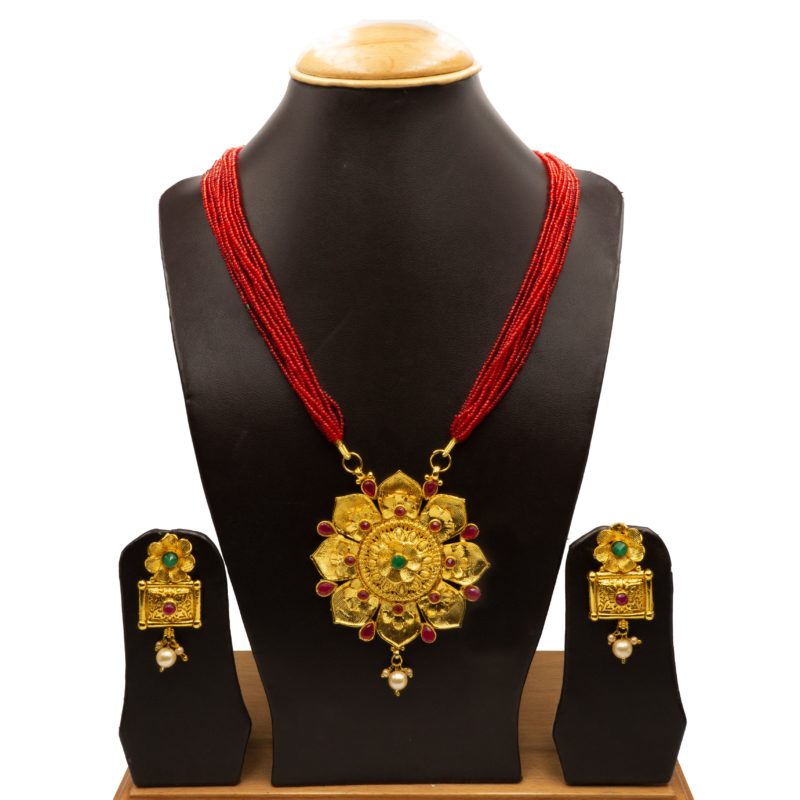 NS-2201018 - Gold Plated Multicolor Flower Traditional Temple Necklace Set