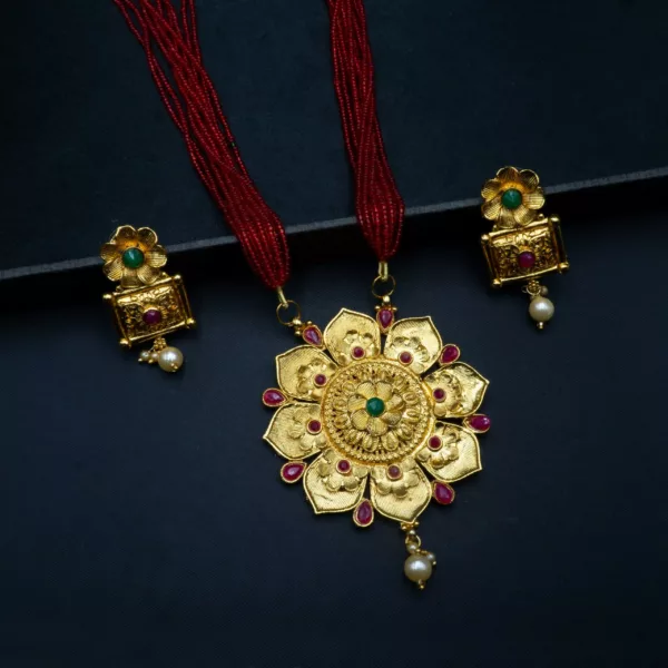NS-2201018 - Gold Plated Multicolor Flower Traditional Temple Necklace Set