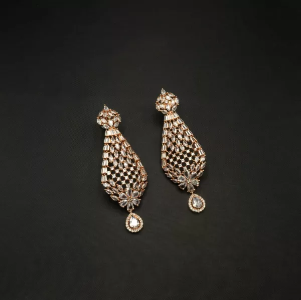 ER-2207007 - American Diamond Rose Gold Plated Contemporary Dangle Earrings
