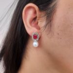 ER-2208002 - American Diamond Ruby Pearl Drop Stud Earrings