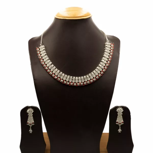 NS-2207001 - American Diamond White Gold Plated Ruby Studded Necklace Set