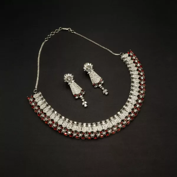 NS-2207001 - American Diamond White Gold Plated Ruby Studded Necklace Set