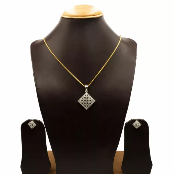 PS-2207001- Minimalist Diamond Shaped White Gold Plated American Diamond Pendant Set
