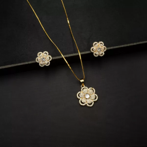 PS-2207005 - American Diamond Contemporary Flower Gold Plated Pendant Set