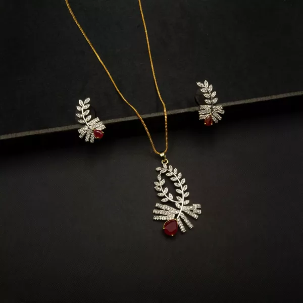 PS-2208002 - American Diamond Ruby Studded Pendant Set