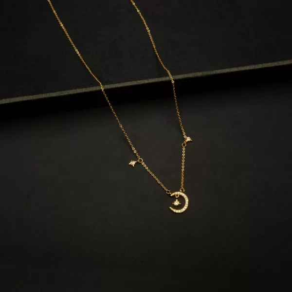 CH-2210009 - Gold Plated American Diamond Moon & Star Necklace