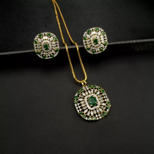 PS-2002012 - Gold Plated American Diamond Emerald Pendant Set