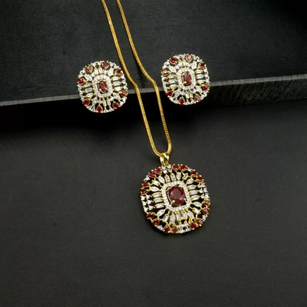 PS-2002013 - Gold Plated American Diamond Ruby Pendant Set