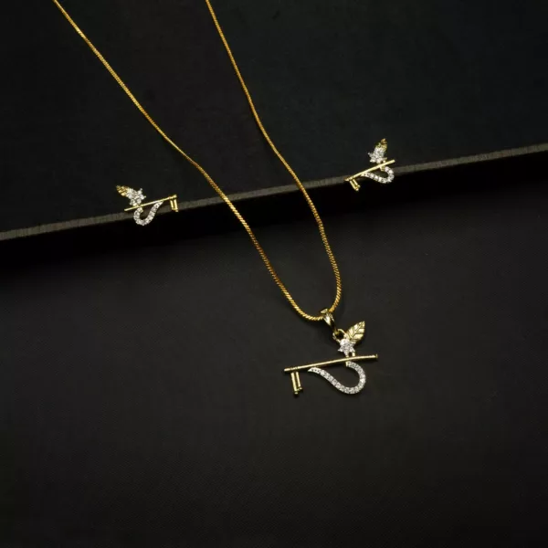 PS-2210002 - American Diamond Contemporary OM & Krishna Flute Pendant Set