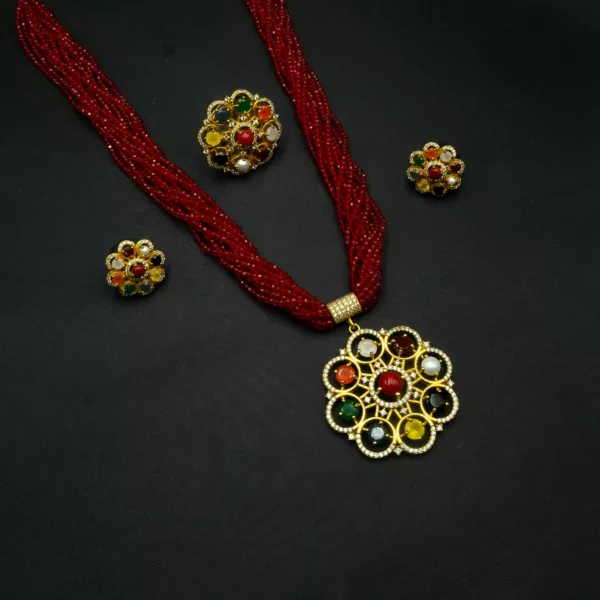 NS-2211004 - American Diamond Multicolor Navratna Necklace Set
