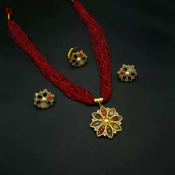 NS-2211005 - American Diamond Multicolor Navratna Necklace Set
