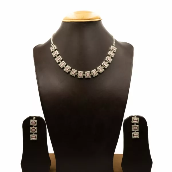 NS-2212001 - White Gold Plated American Diamond Pink Stones Collar Necklace Set