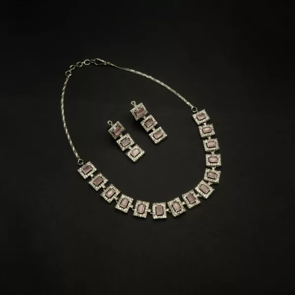 NS-2212001 - White Gold Plated American Diamond Pink Stones Collar Necklace Set