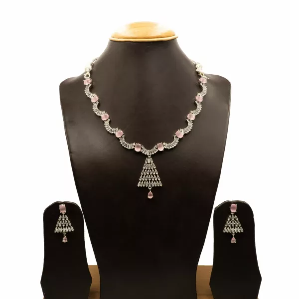 NS-2212010 - Pink Stones White Gold Plated American Diamond Necklace Set