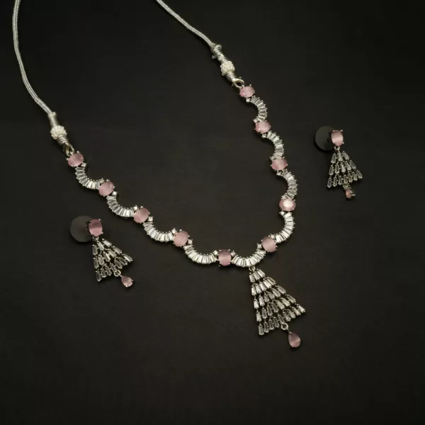 NS-2212010 - Pink Stones White Gold Plated American Diamond Necklace Set