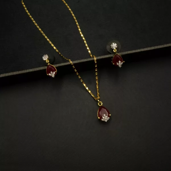 PS-2210006 - American Diamond Ruby Red Teardrop Pendant Set