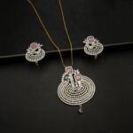 PS-2212002 - American Diamond Pink Stones Statement Pendant Set