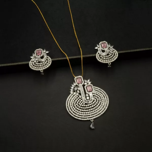 PS-2212002 - American Diamond Pink Stones Statement Pendant Set