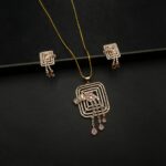 PS-2212006 - Rose Gold Plated Pink Stones & AD Contemporary Statement Pendant Set