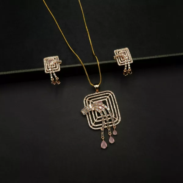 PS-2212006 - Rose Gold Plated Pink Stones & AD Contemporary Statement Pendant Set