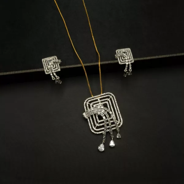 PS-2212007 - White Gold Plated American Diamond Contemporary Statement Pendant Set