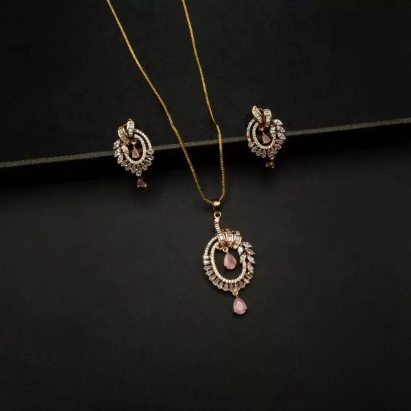 PS-2212008 - Rose Gold American Diamond Pink Stones Pendant Set
