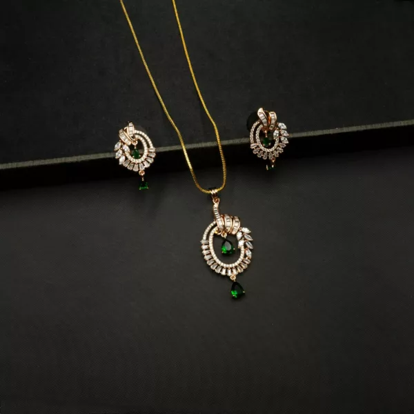 PS-2212009 - Rose Gold American Diamond Green Stones Pendant Set